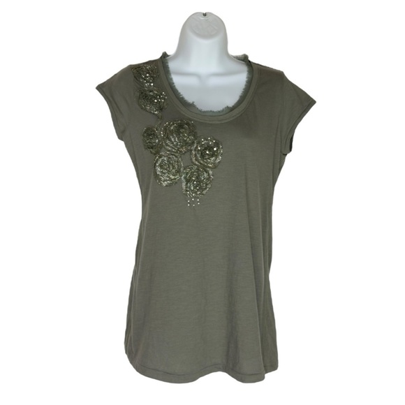 Willi Smith Green Metallic Beaded Embellished Cap Sleeve Cotton T-shirt Small - Picture 2 of 12